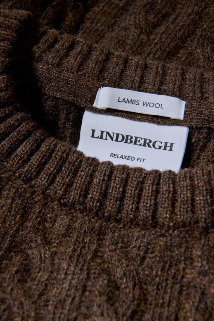 Lambswool Raglan Cable O-Neck Dk Brown Mel