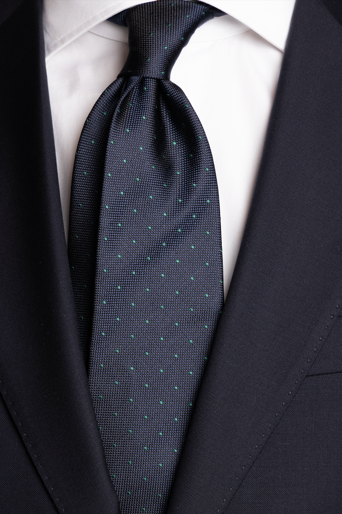 Silk Woven Tie Navy With Green Dots