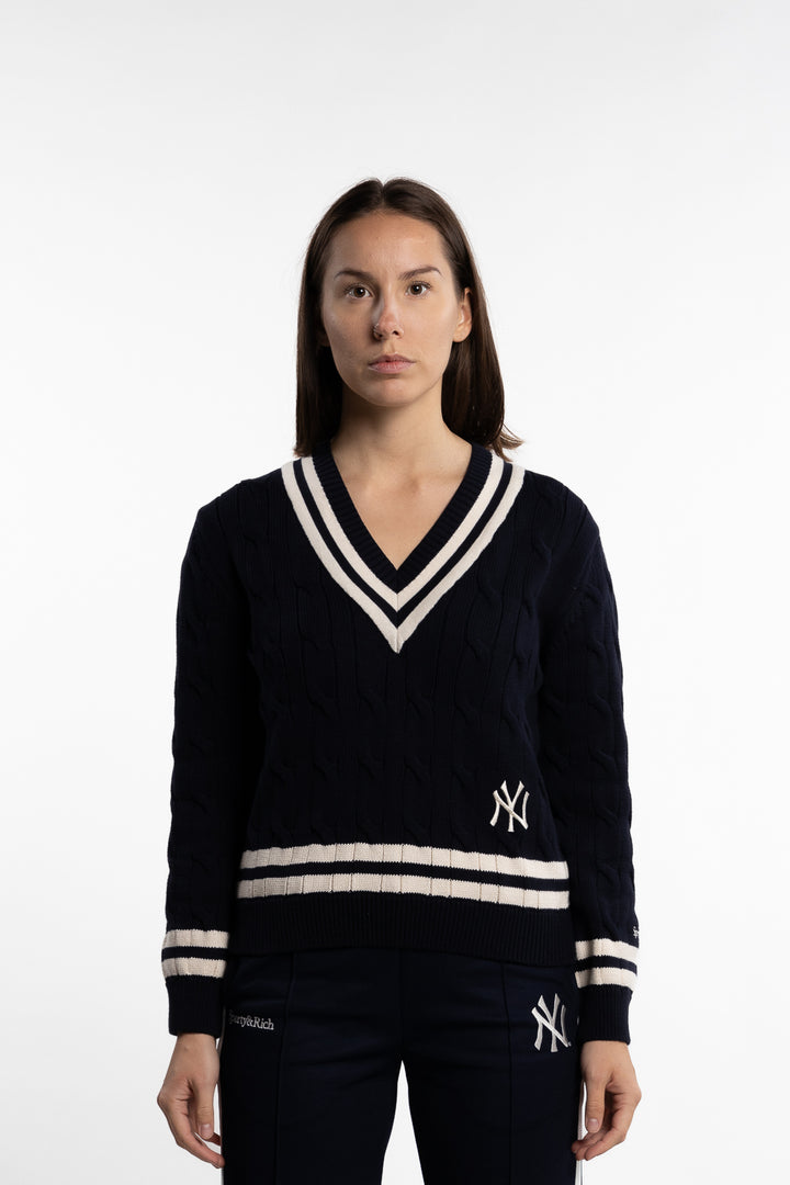 Yankees Serif Cableknit V neck - Navy White