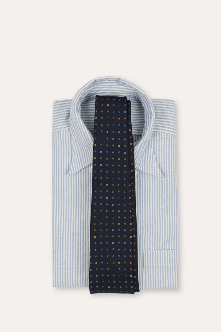 Geometric Flower Print Silk Self-Tipped Tie Navy