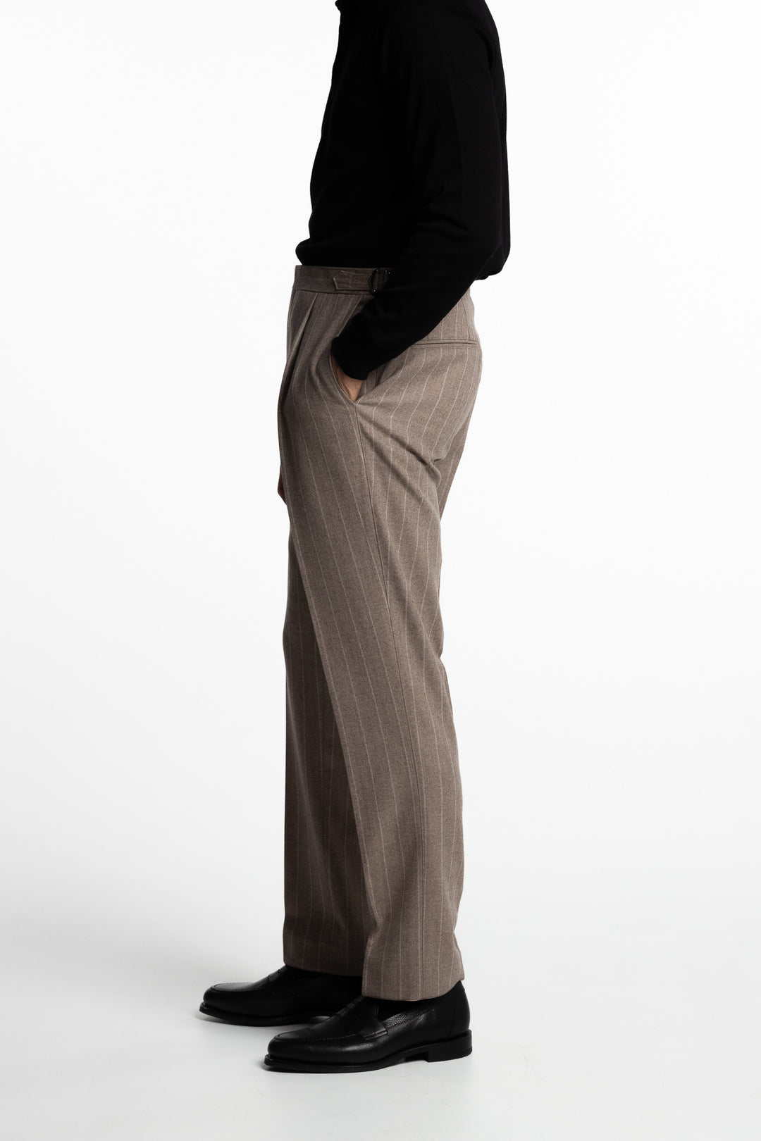 Delon Side Adjuster Wool Trousers Sand Beige Pinstripe