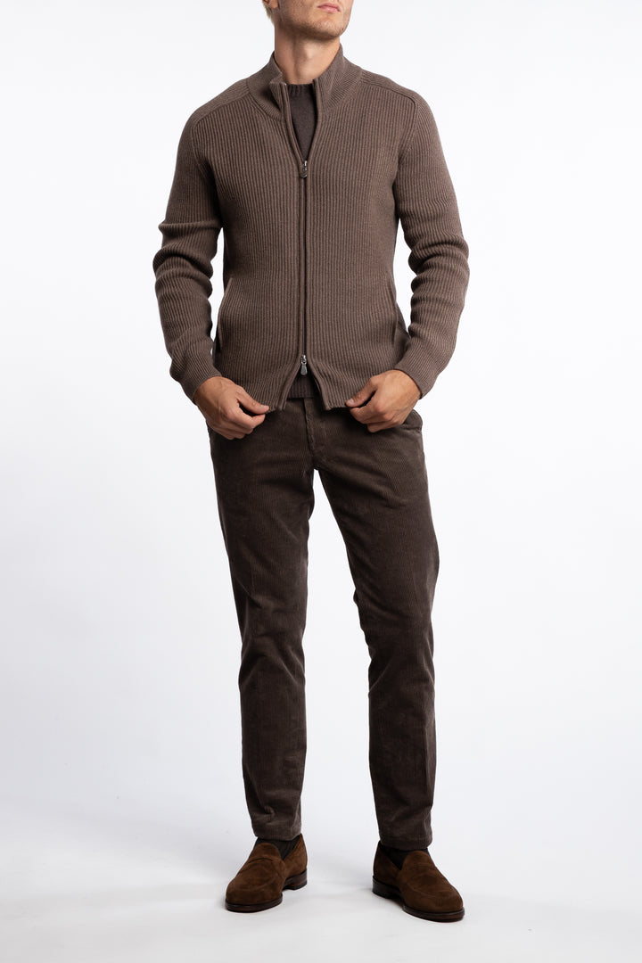 Virgin Wool Ribbed Full-zip Brown