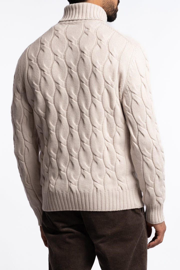 Cabled Virgin Wool Turtleneck Beige