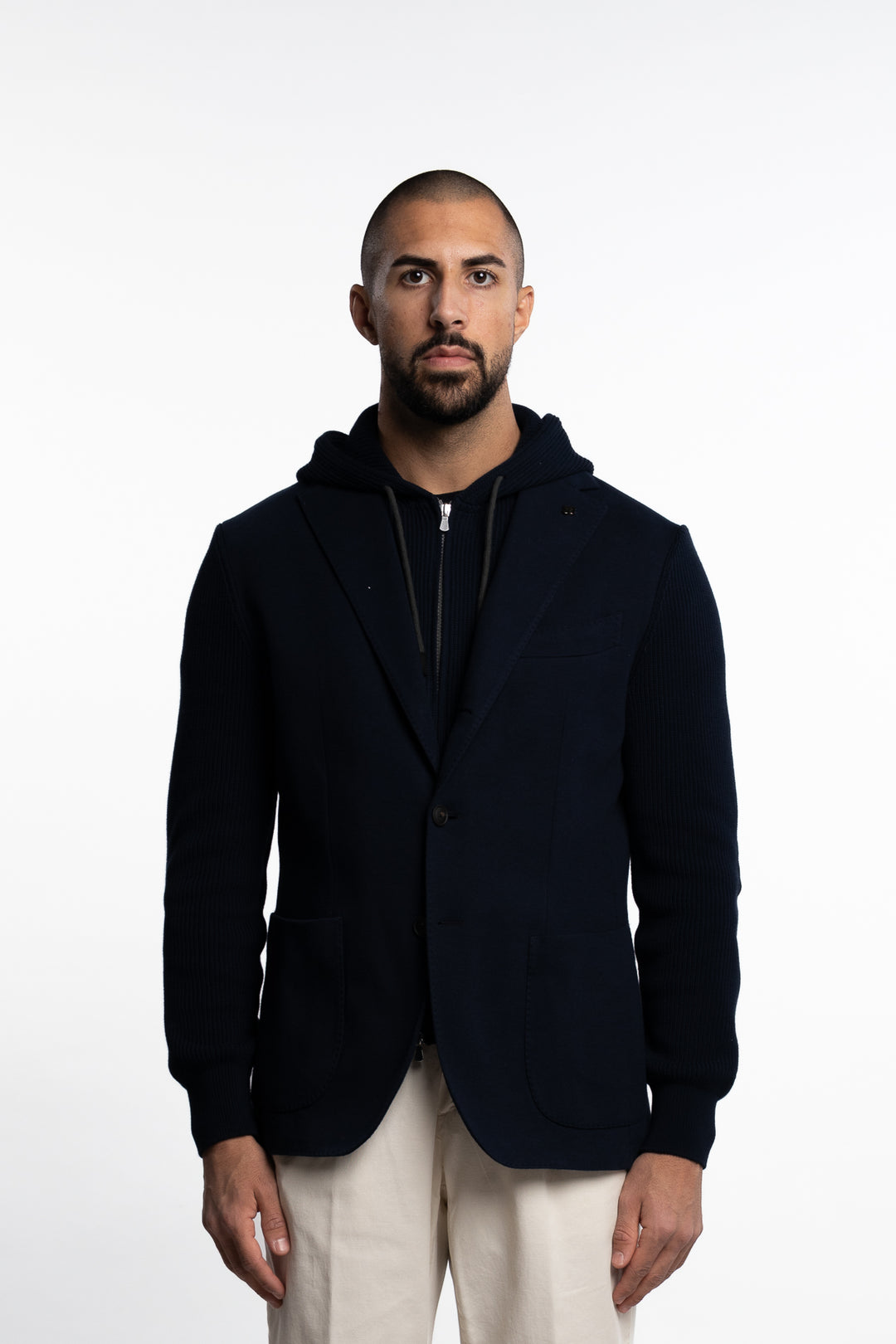 Knitted Hooded Cotton Blazer Navy Blue