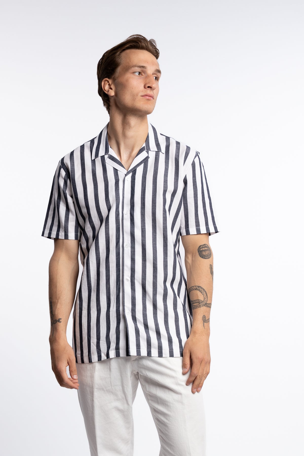 Cotton/Linen Striped Resort S/S Shirt Navy