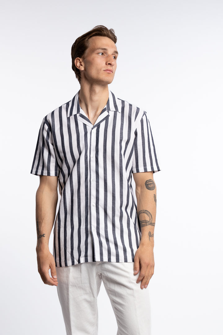 Cotton/Linen Striped Resort S/S Shirt Navy