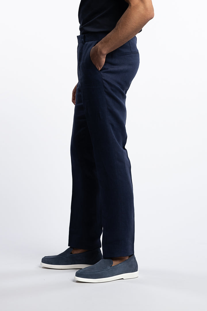 Denz Slim Fit Linen Trousers Navy