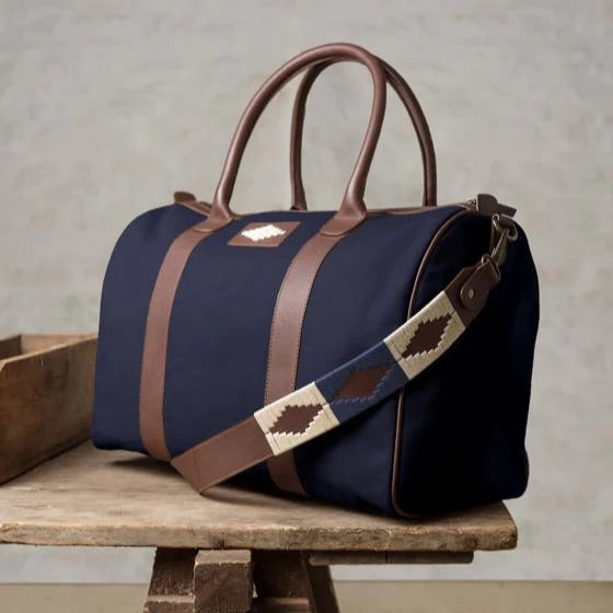 Varon Small Travel Bag - Brown Leather and Navy Canvas with Cream stitching