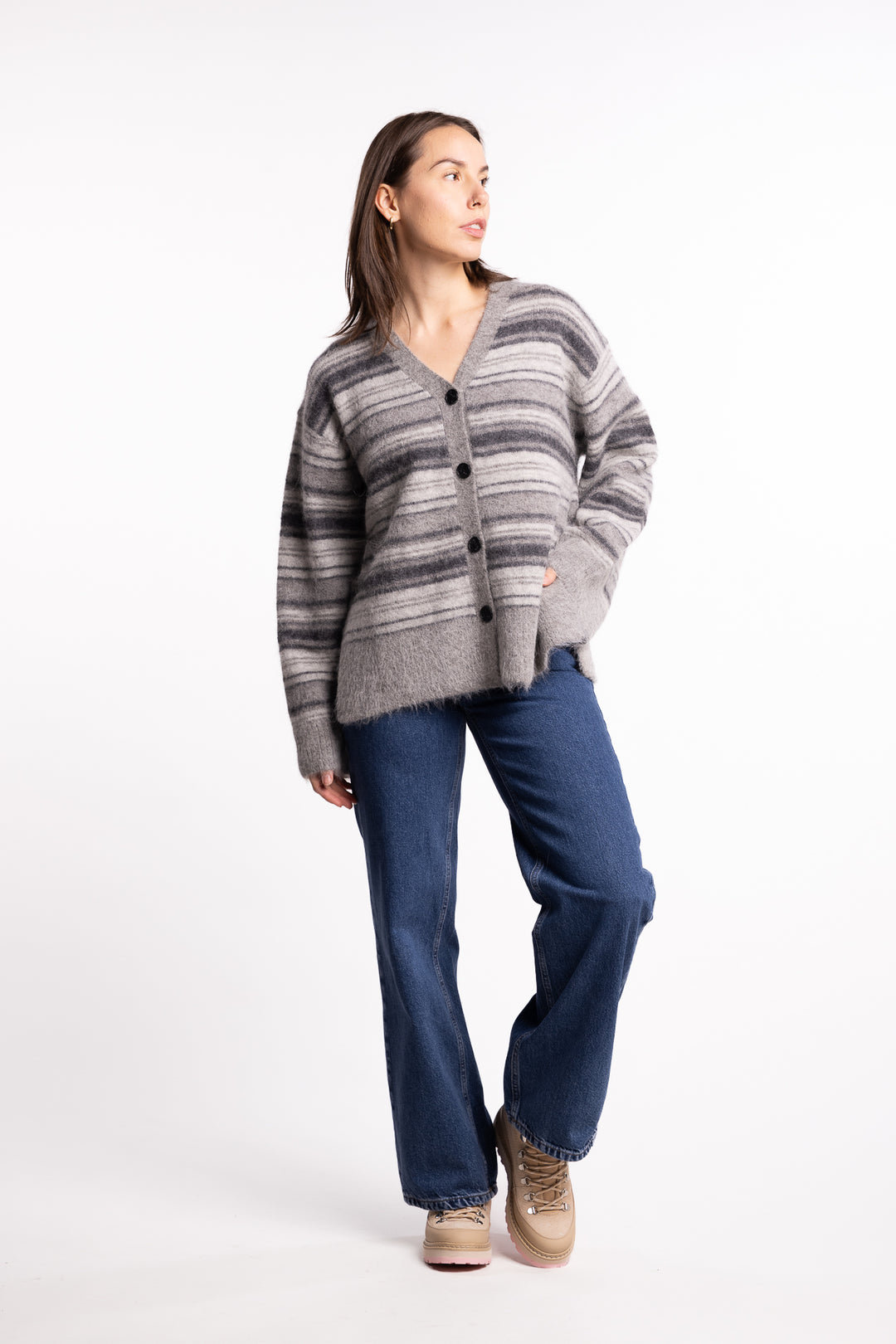 Fluffy Stripe Cardigan - Grey Stripe