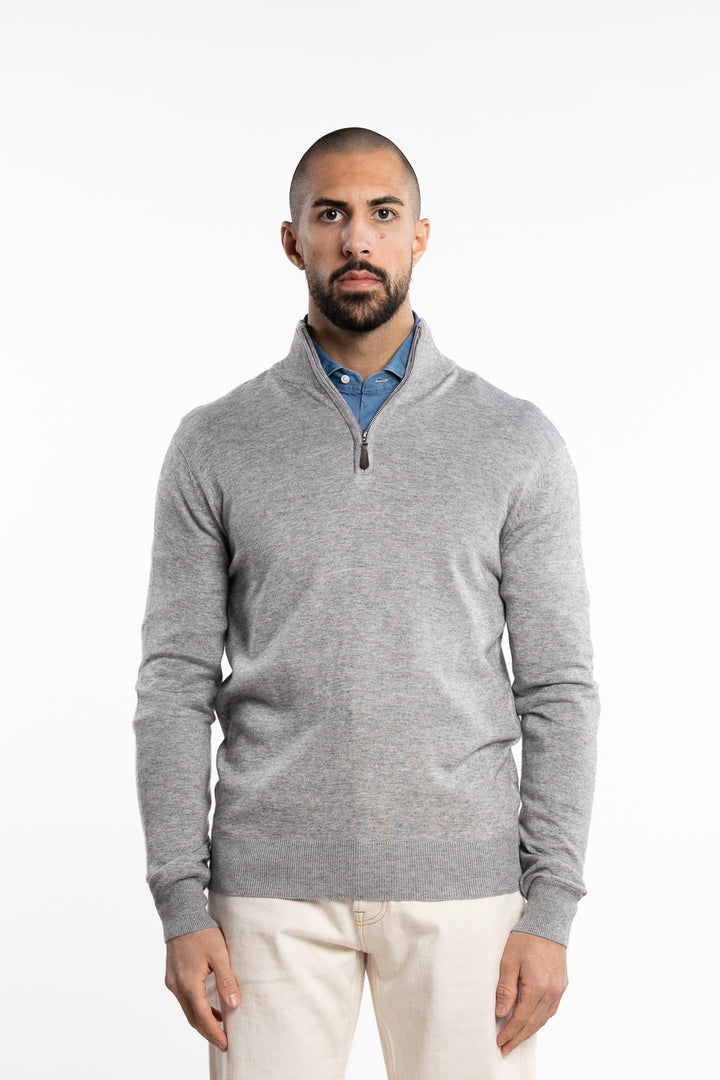 Knitted Wool Cashmere Half-Zip Light Grey Melange