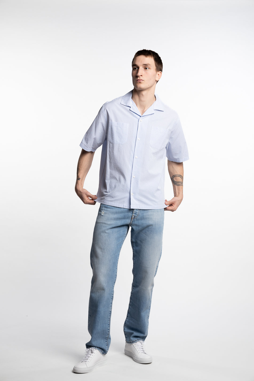 Riviera Seersucker Cotton Shirt Light Blue