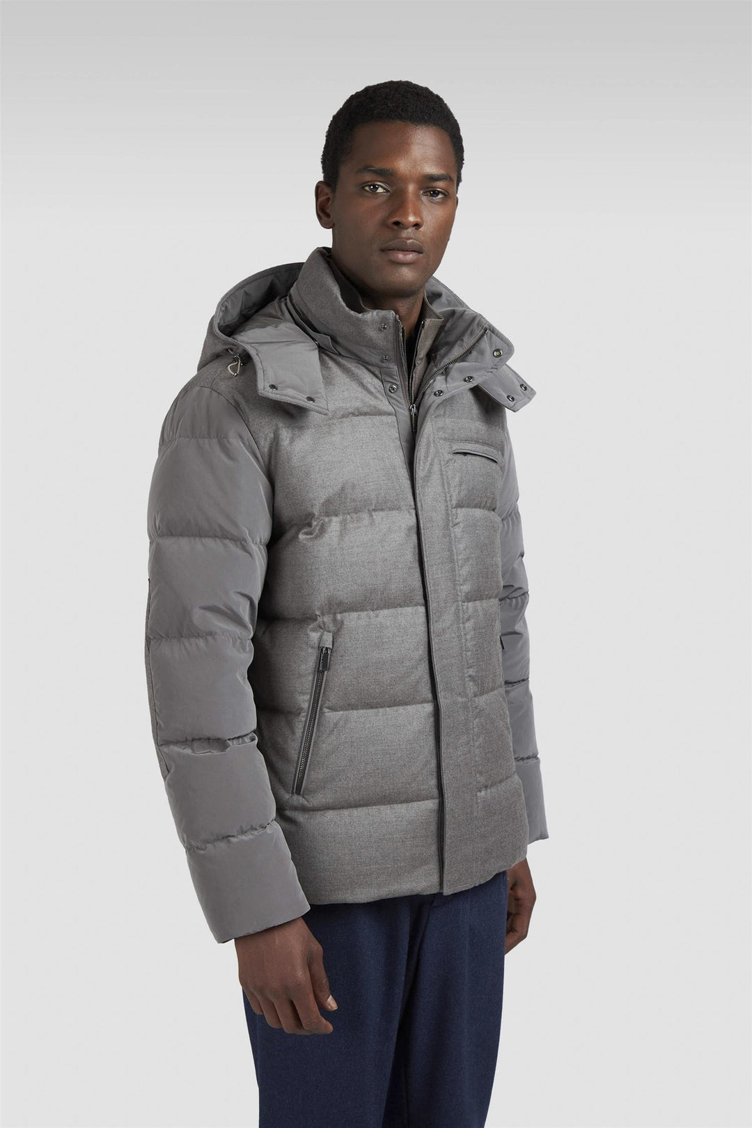 Wool And Silk Puffer Jacket With Contrast Inserts Taupe Suede