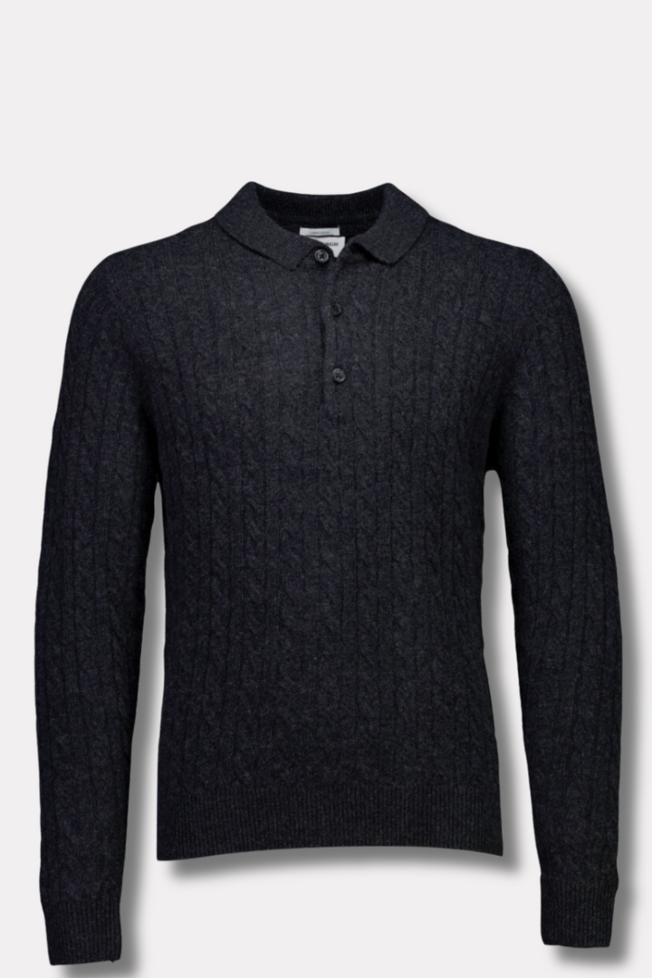 Lambswool L/S Button Polo Charcoal Mel