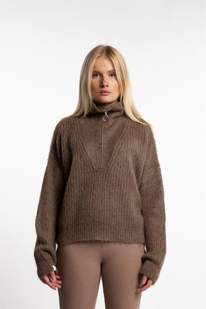 Florie Brushed Zip Knit- Chocolate Brown