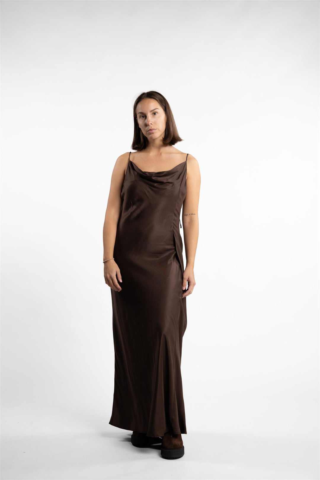 Eila Pleat Dress- Dk. Brown