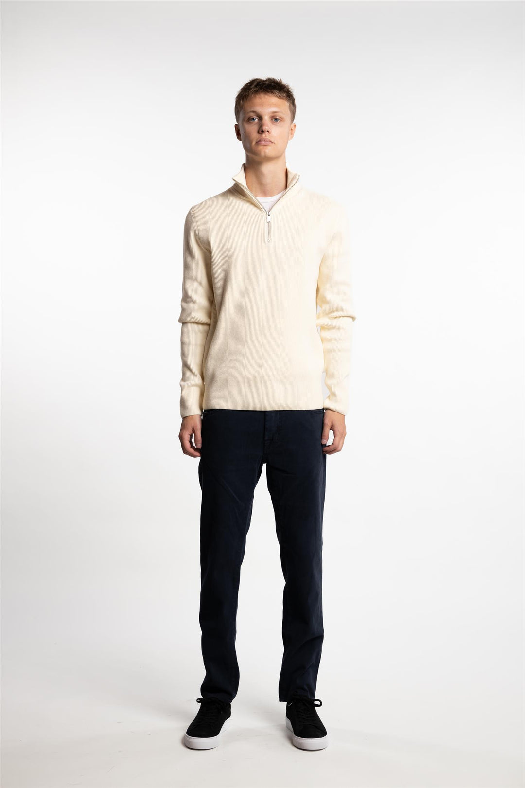 Half Zip Rib Knit Cream White