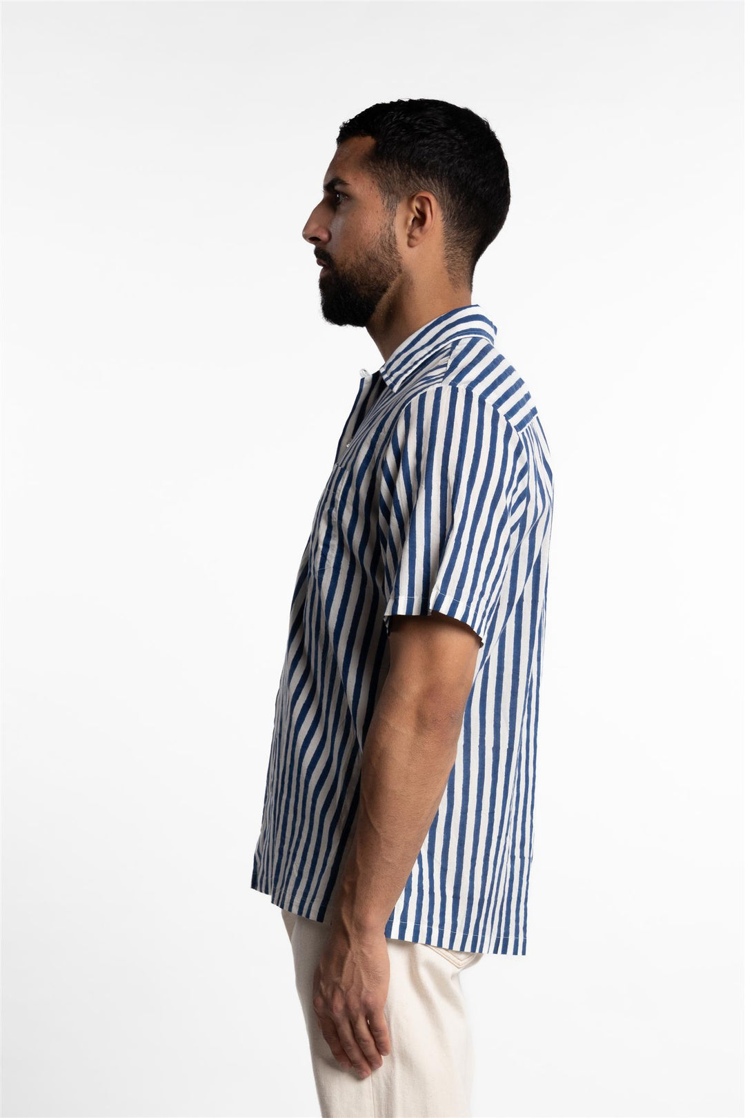 Short Sleeve Cotton Block Print Camp Collar Blue Stripe