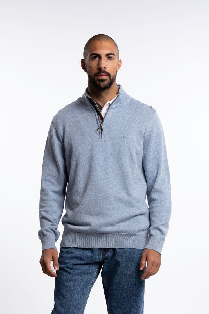 Cotton Half Zip Knitted Jumper Light Blue