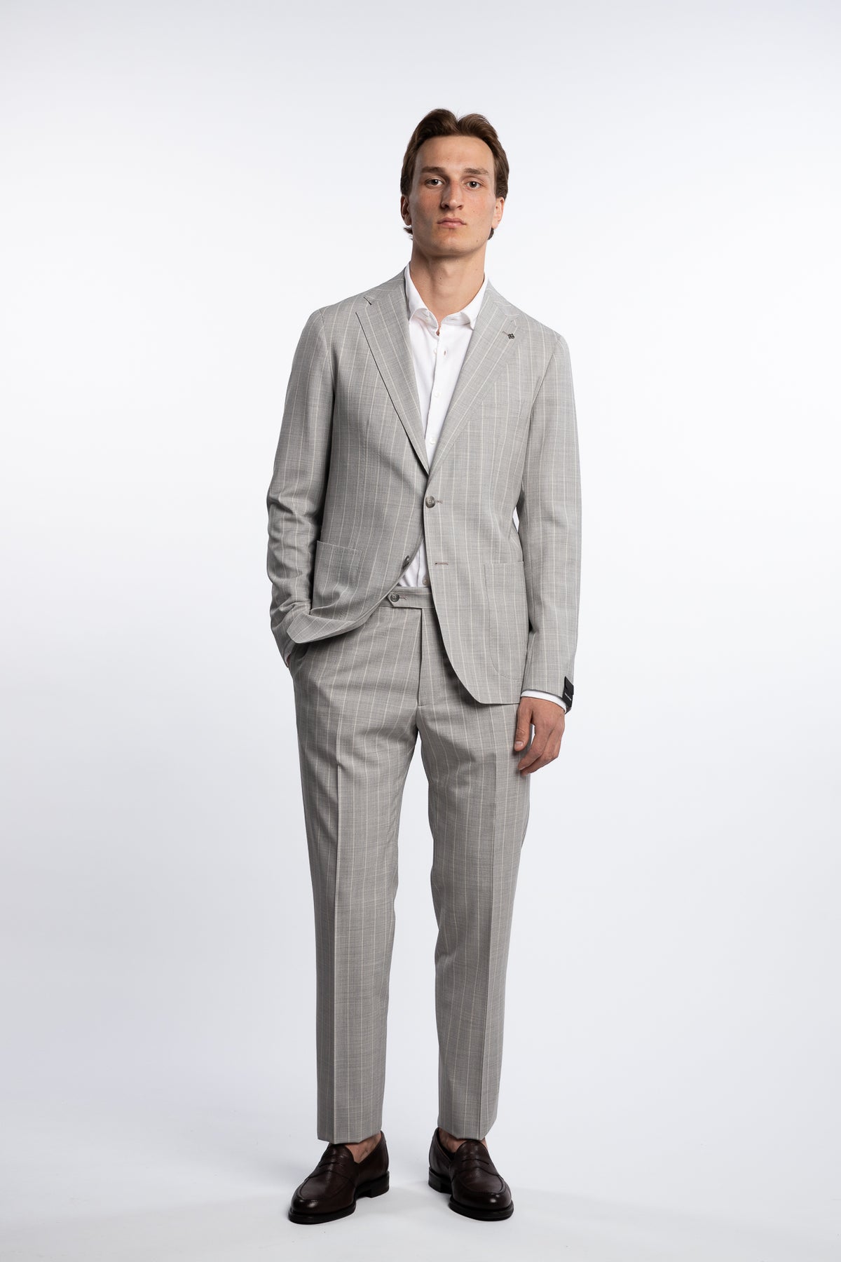 Regular Fit Wool/Silk Suit Grey Pinstripe