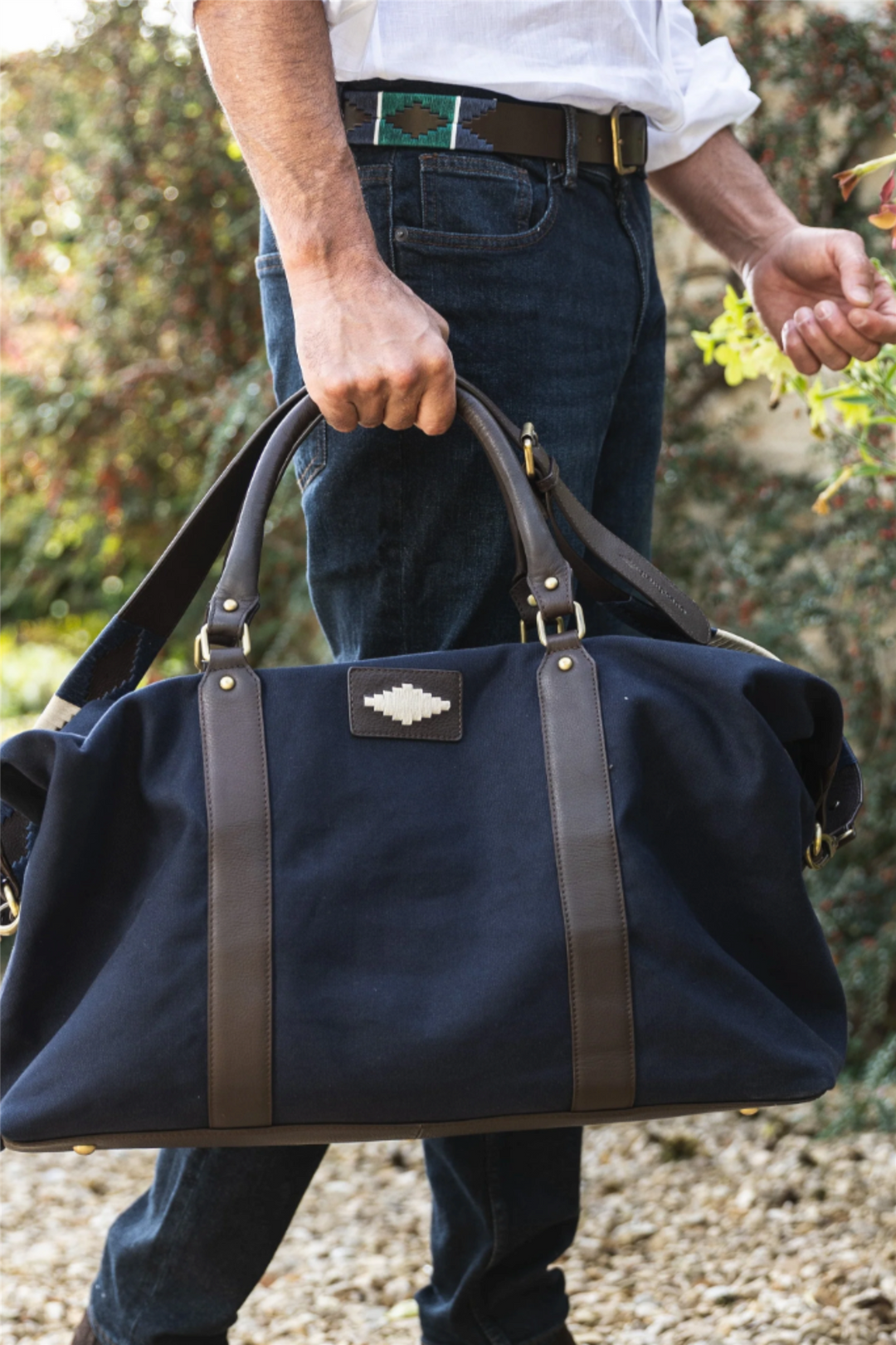 Caballero Large Travel Bag - Brown Leather and Navy Canvas With Cream Stitching