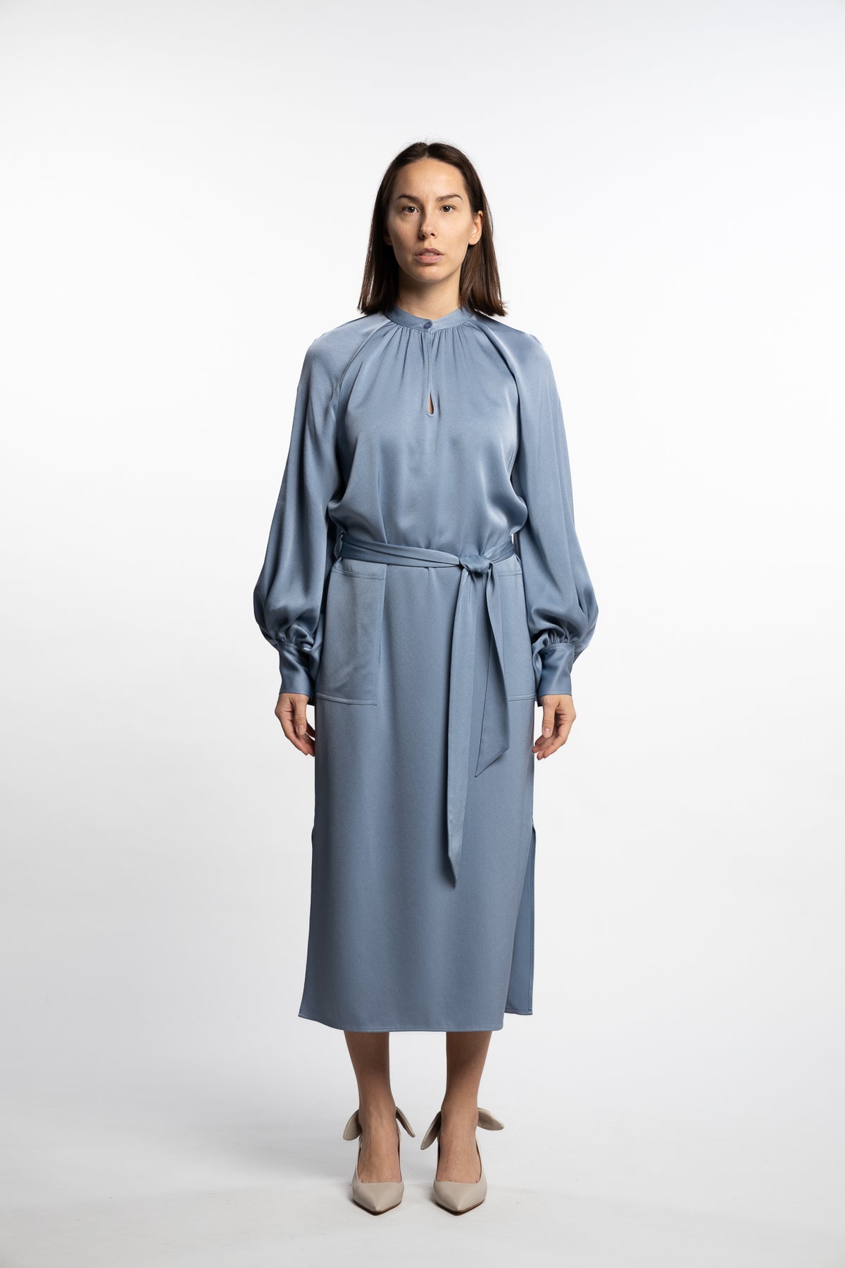 Belted Longsleeve Dress- Air Blue