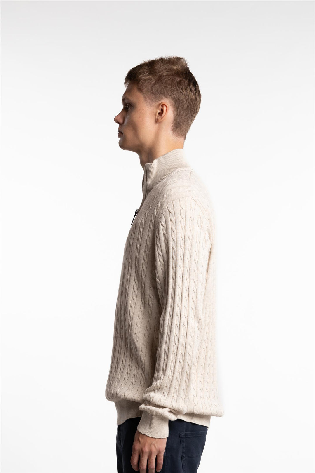 Half Zip Cable Knit Ecru Melange