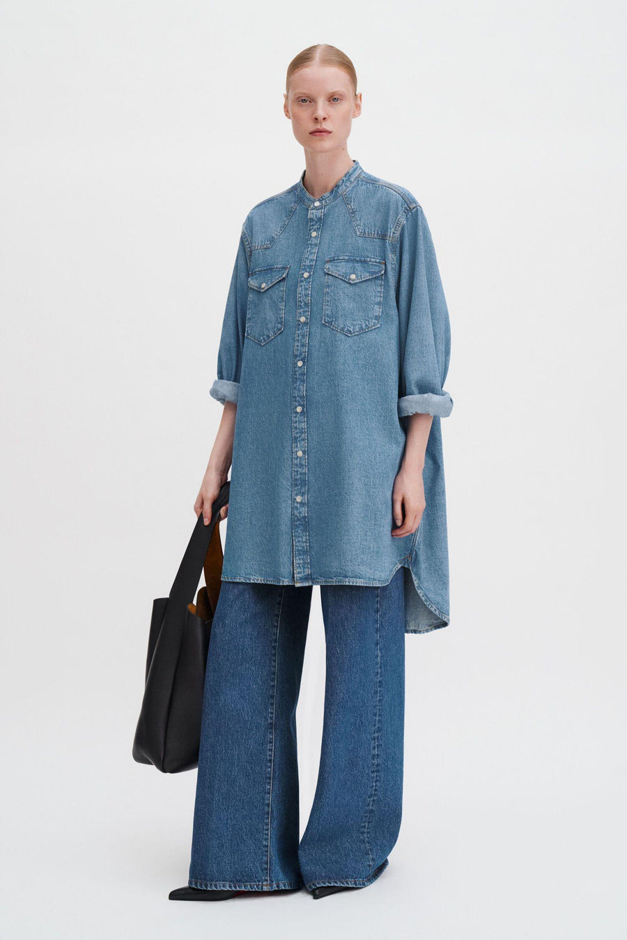 Western Denim Shirt Dress Washed Mid Blue