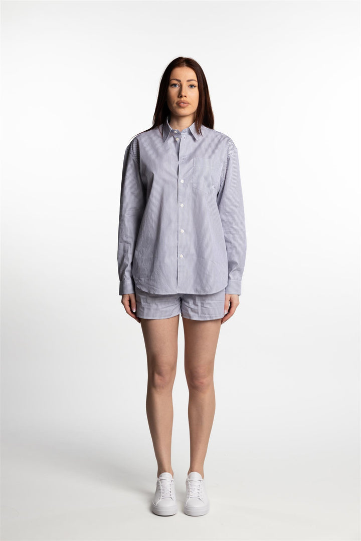 SRC Embroidered Oversized Shirt- White/Navy Thin Stripe/Navy