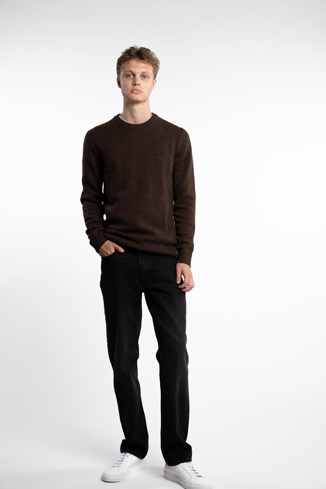 Lambswool O-Neck Knit Dark Brown Melange