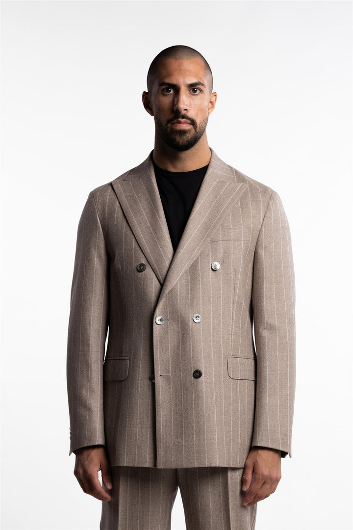 Farris Double Breasted Wool Blazer Sand Beige Pinstripe