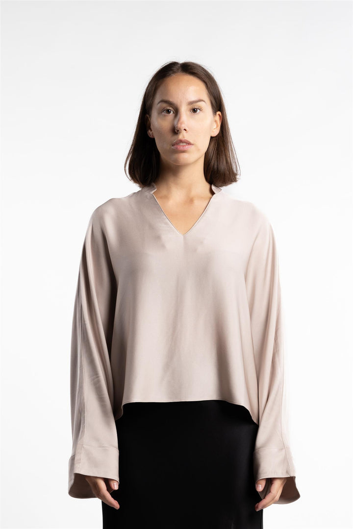 Nina V-neck Silk Blouse- Greige