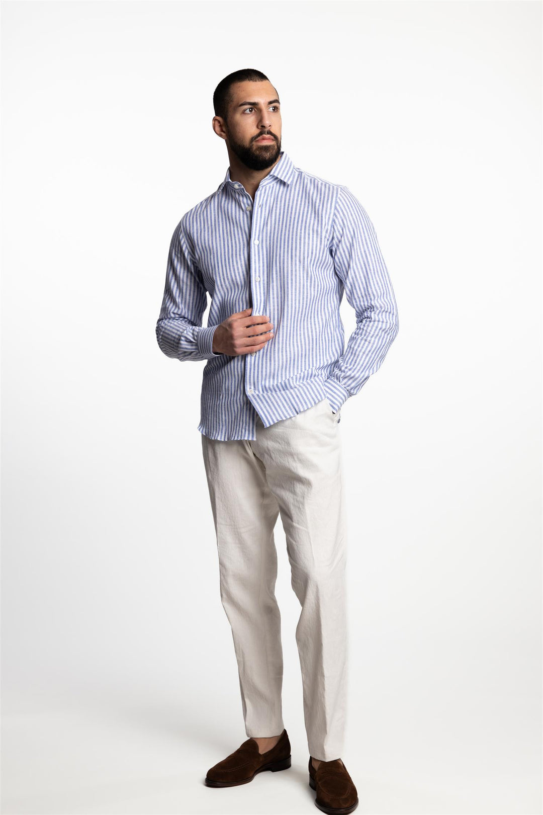 Amalfi Formal Linen/Cotton Shirt White/Blue Stripes