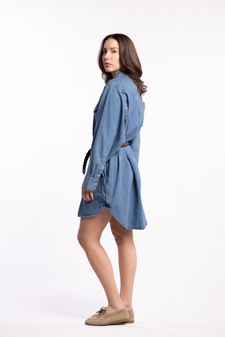 Western Denim Shirt Dress- Washed Mid Blue