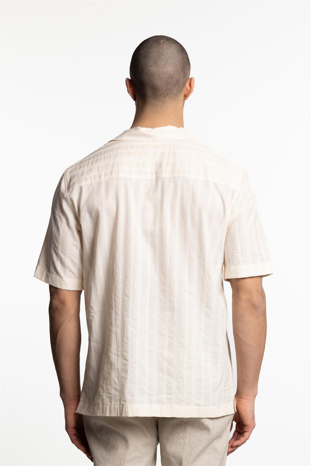 Embroidered Stripe Camp Collar Shirt Ecru