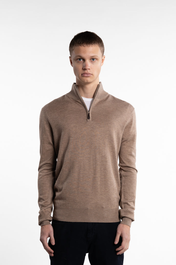 Knitted Wool Cashmere Half-Zip Light Brown