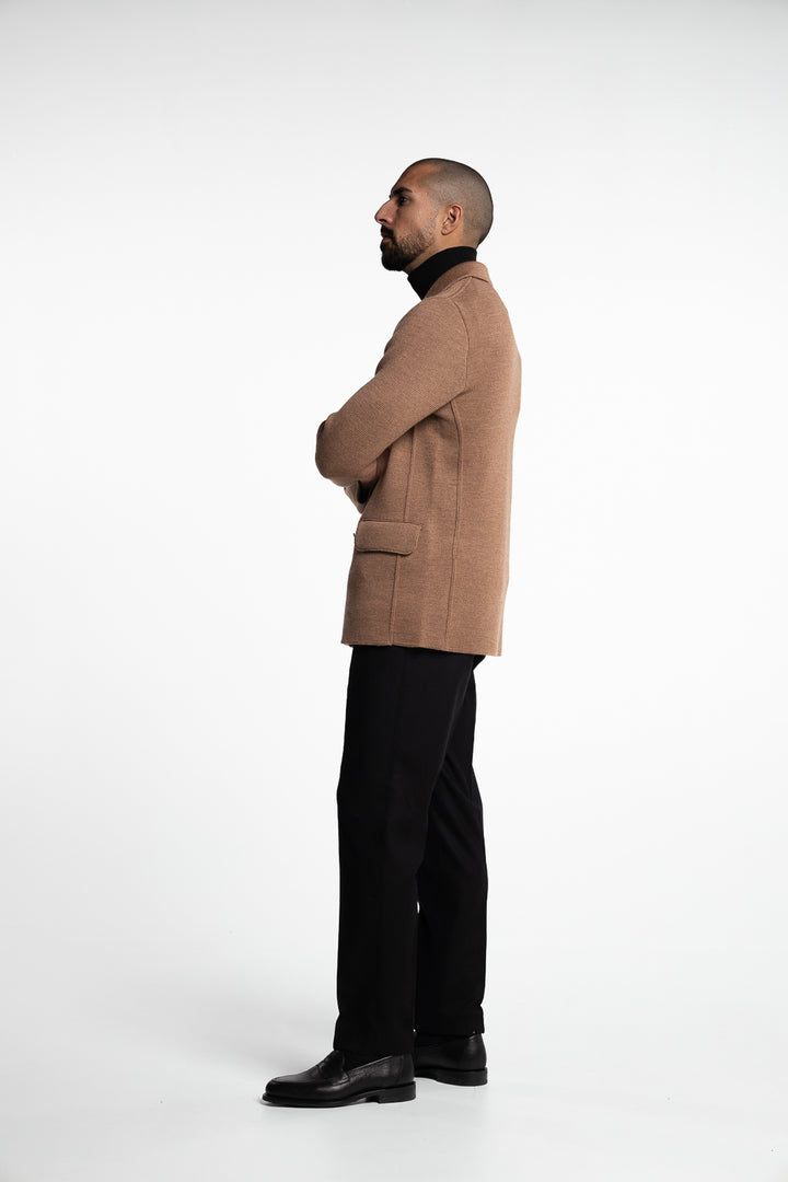 Knitted Double-breasted Cotton Blazer Cognac