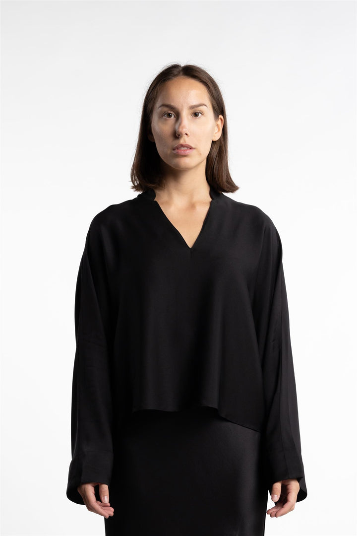 Nina V-neck Silk Blouse- Black