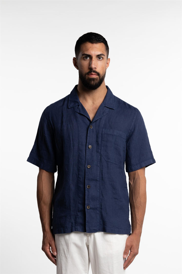 Verona Camp Collar Linen Shirt Navy