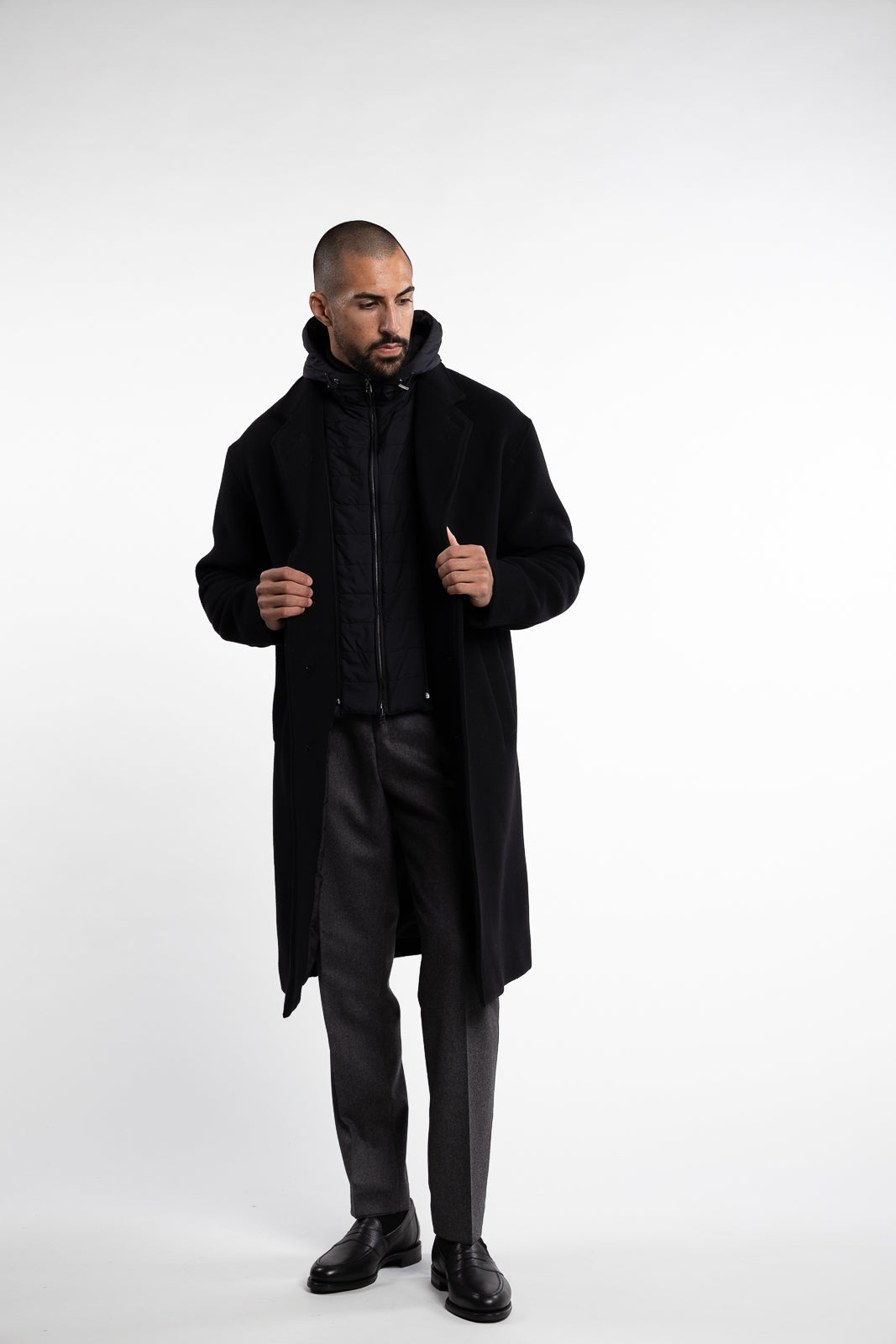 Nylon Hooded Wool Coat Black