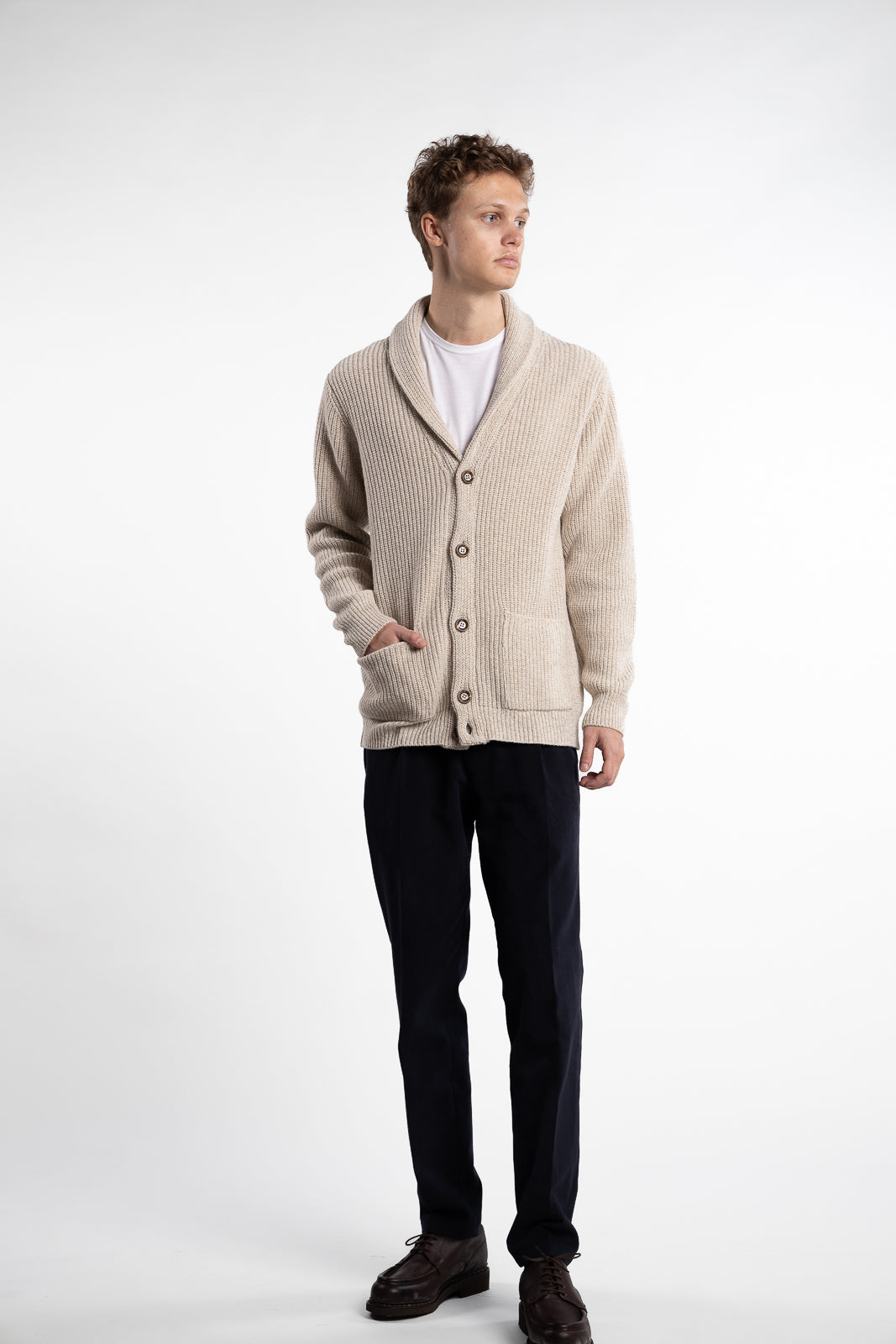 Merino Rib Cardigan Beige Melange