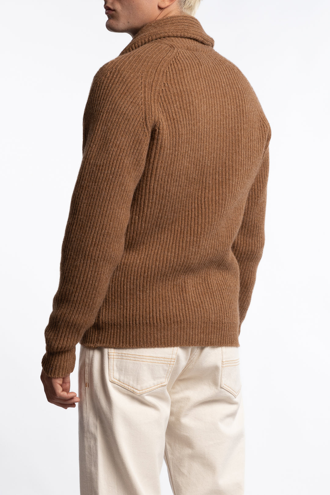 Lambswool Shawl Collar Rib Cardigan Camel