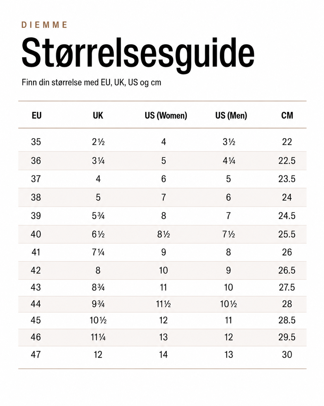 Diemme størrelsesguide