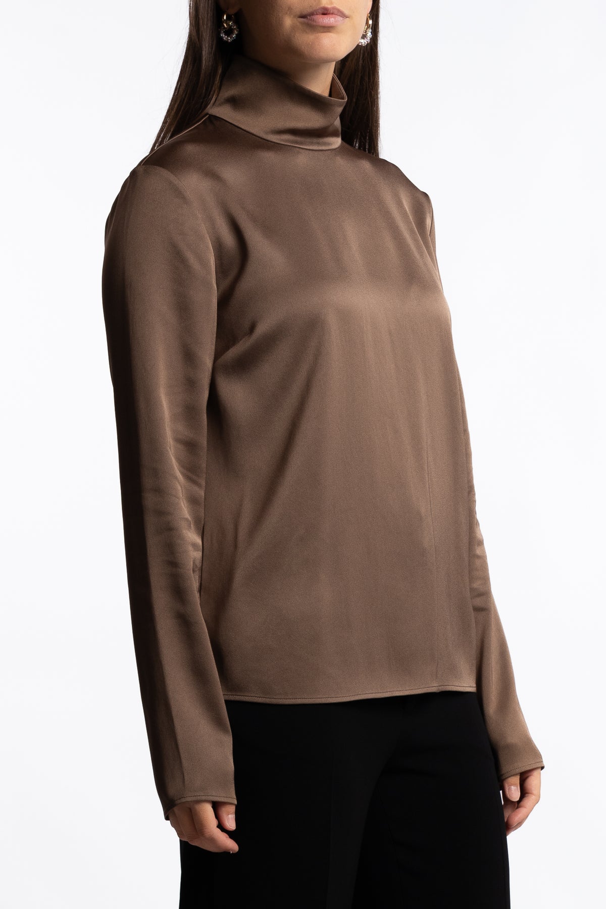 Turtleneck Satin Blouse- Oak Brown