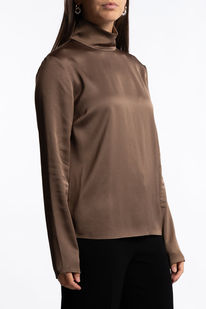 Turtleneck Satin Blouse- Oak Brown
