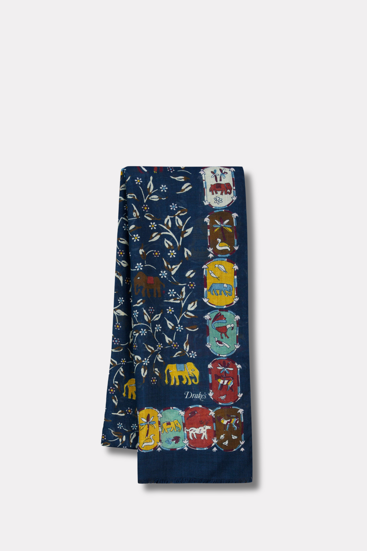 Elephants & Flowers Wool-Silk Scarf Navy