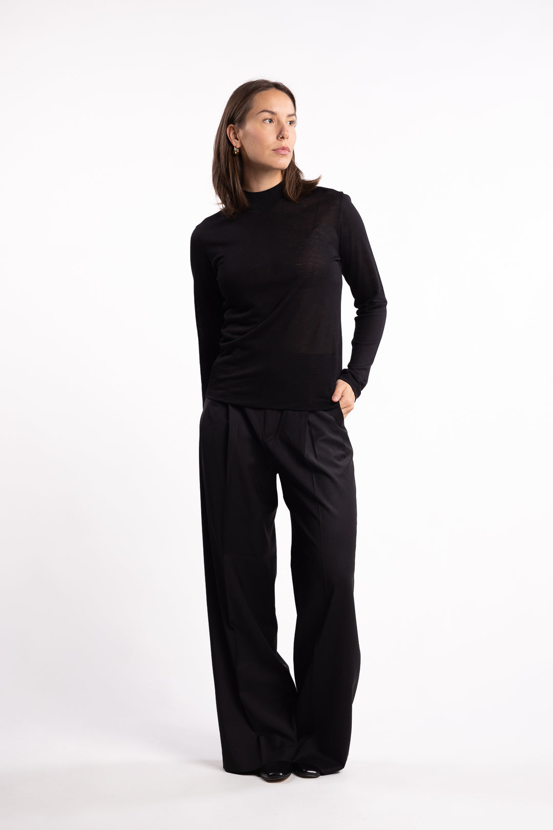 Lyocell Cashmere Mock Neck Top- Black