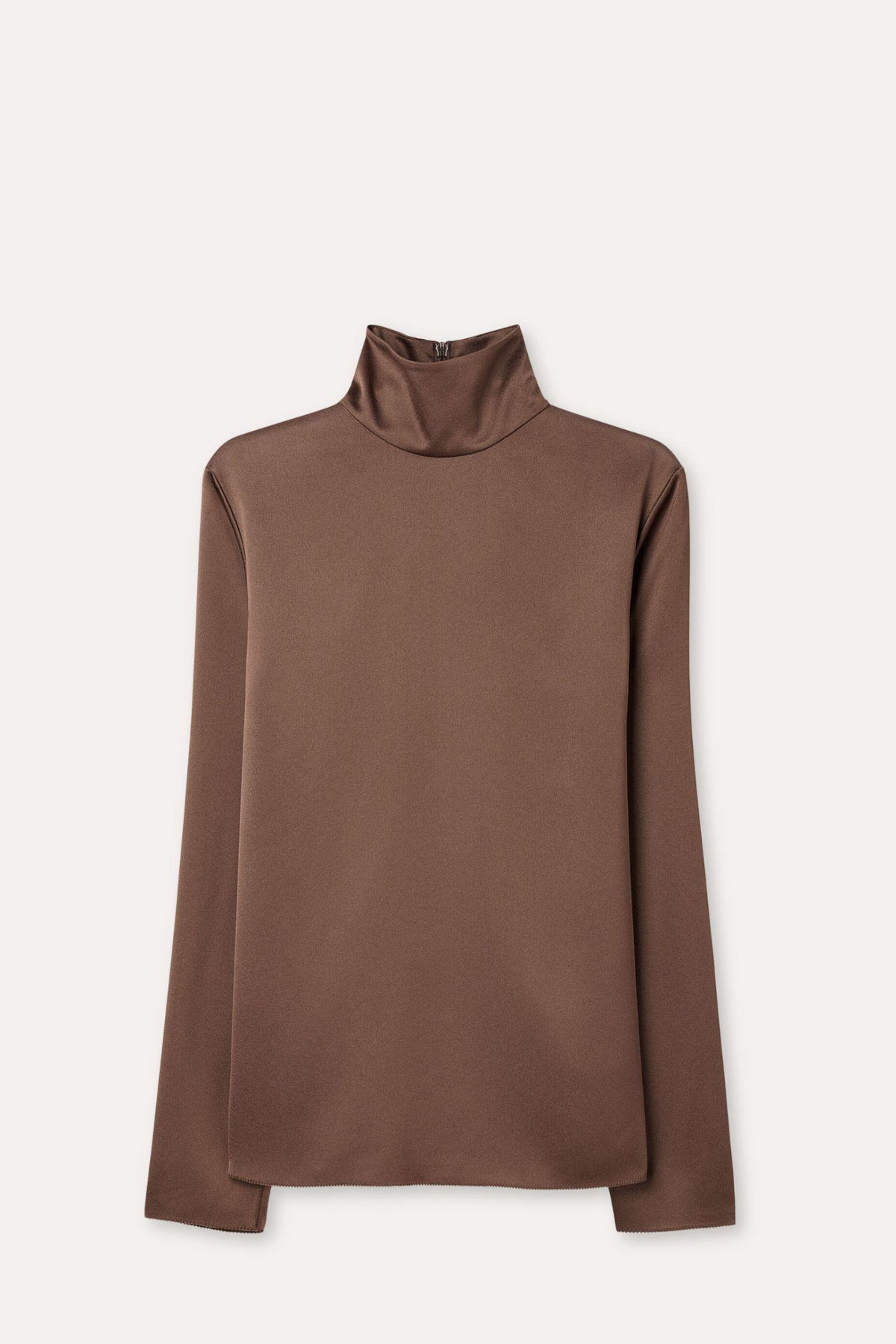 Turtleneck Satin Blouse- Oak Brown