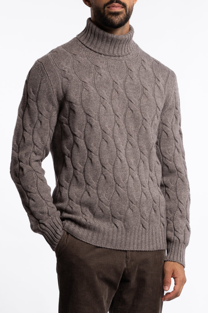 Cabled Virgin Wool Turtleneck Brown