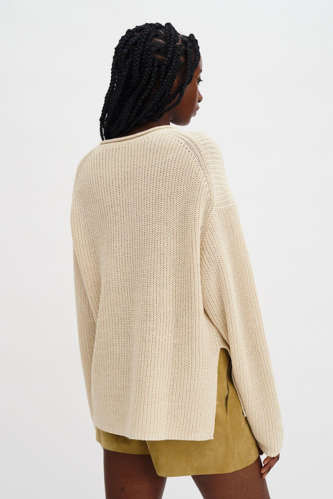 Ribbed Cotton Linen Sweater- Cream White
