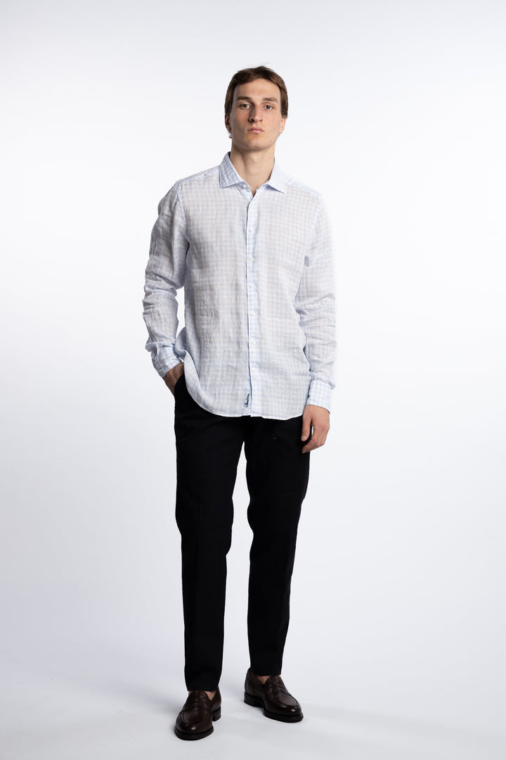 Slimline Linen Shirt Light Blue Check